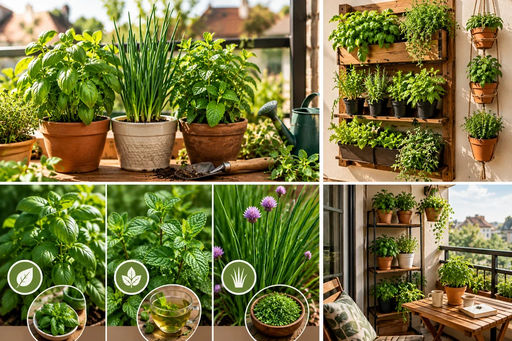 Vasos de barro e suportes verticais com diversas plantas medicinais e aromáticas em uma varanda.