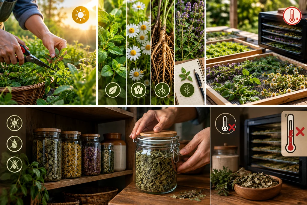 Colheita, cultivo, secagem e armazenamento em potes de vidro de plantas medicinais e aromáticas