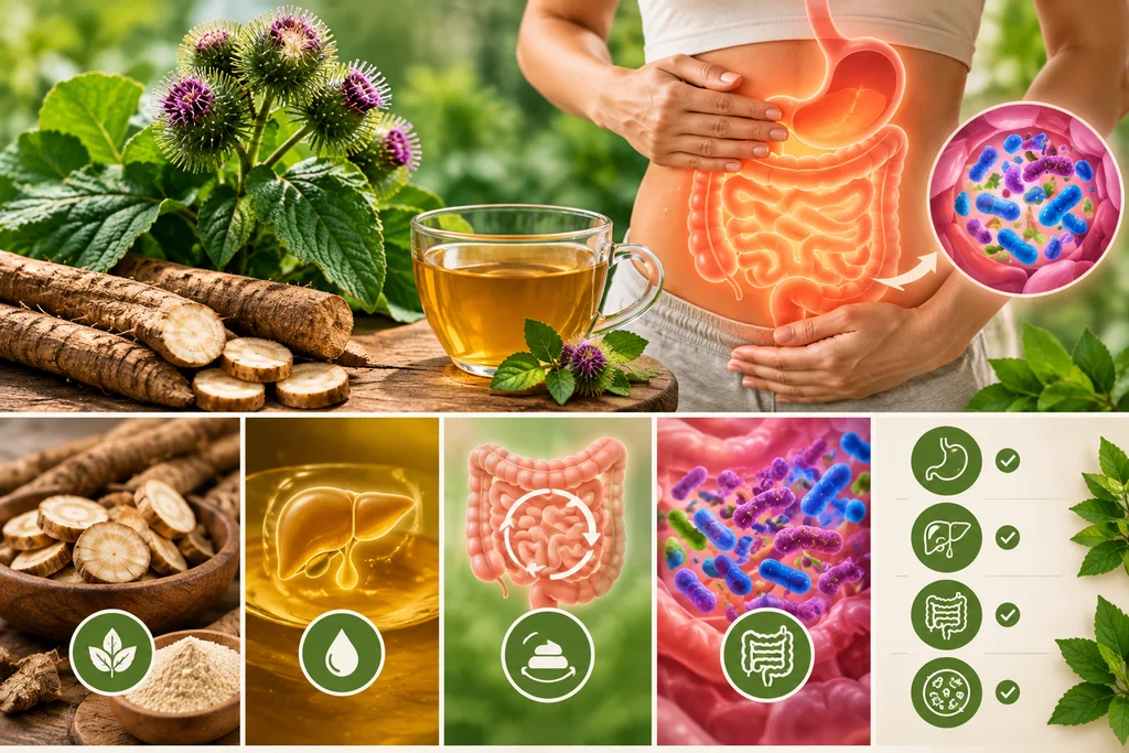 Infográfico com planta de bardana, raízes cortadas, xícara de chá e ilustrações dos órgãos internos humanos