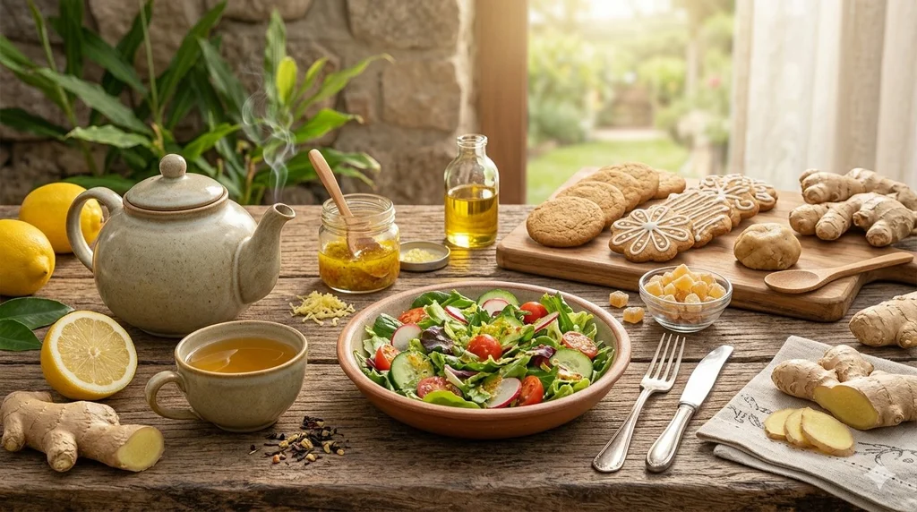 Mesa de madeira com bule de chá fumegante, xícara, salada fresca, biscoitos decorados e raízes de gengibre fresco.