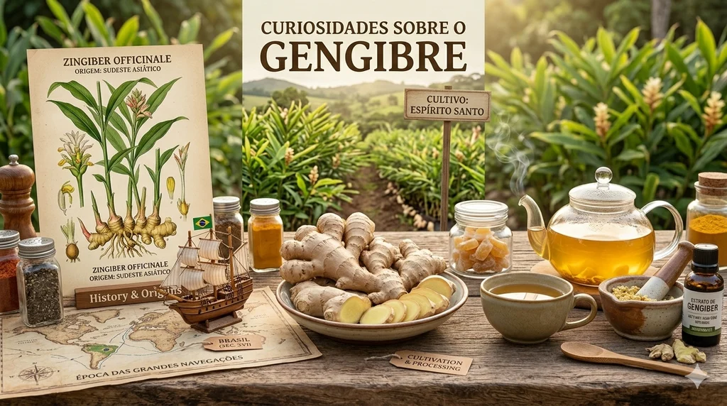 Mesa com raízes de gengibre fresco, chá, especiarias e ilustração botânica do Zingiber officinale em um cenário de cultivo.