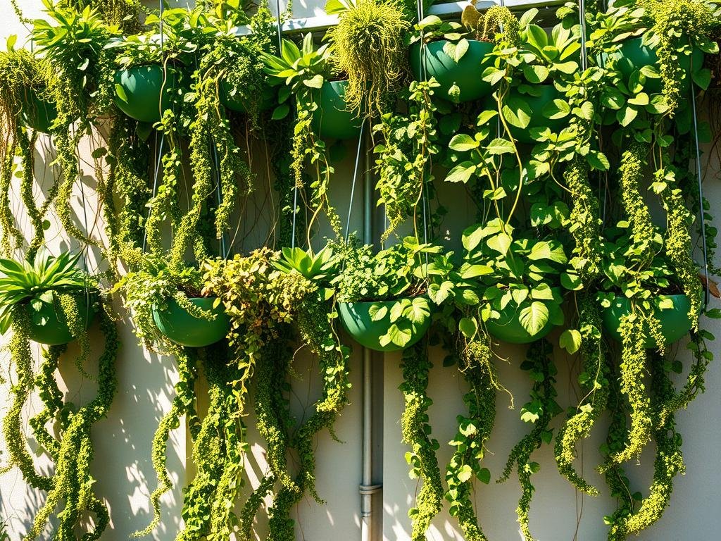A lush and serene vertical garden adorns a sun-dappled wall, its cascading foliage creating a captivating living tapestry. Vibrant green plants of varied textures and shapes overflow from hanging planters, their tendrils artfully twisting and trailing. The scene is bathed in warm, natural light, casting soft shadows that add depth and dimension. The overall composition conveys a sense of tranquility and harmony, inviting the viewer to imagine the calming, restorative atmosphere of this meticulously curated, space-saving oasis.