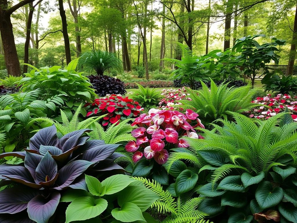 A lush and verdant garden filled with a variety of shade-loving plants. In the foreground, a collection of glossy-leaved hostas in various shades of green and purple, their leaves gently unfurling. Surrounding them, a tapestry of ferns in delicate shades of green, some with intricate, finely-cut fronds. In the middle ground, clumps of vibrant caladiums in shades of red, pink, and white, their heart-shaped leaves catching the dappled light filtering through the canopy above. In the background, a dense, layered forest of tall, slender trees, their branches creating a natural, softly-lit shade. The overall atmosphere is one of tranquility and serenity, inviting the viewer to step into this peaceful, plant-filled oasis.