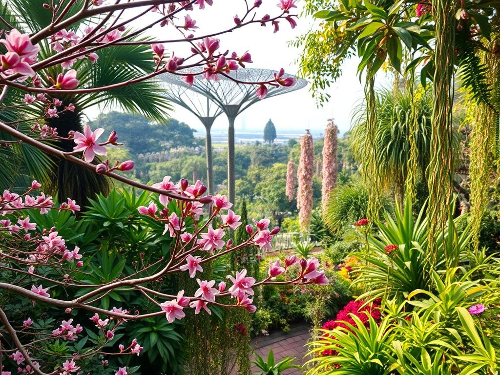 A lush, diverse botanical garden teeming with vibrant flora and intricate foliage. In the foreground, delicate branches and blooming flowers in a range of colors - pinks, purples, whites, and greens - create a captivating focal point. The middle ground showcases a variety of plant life, from towering trees to exotic trailing vines, all bathed in a warm, diffused light that casts soft shadows. In the background, a hazy skyline hints at the breadth and depth of the botanical world, inviting the viewer to explore further. Capture this scene with a wide-angle lens to convey a sense of scale and wonder, as if the viewer is immersed in the heart of this thriving botanical sanctuary.