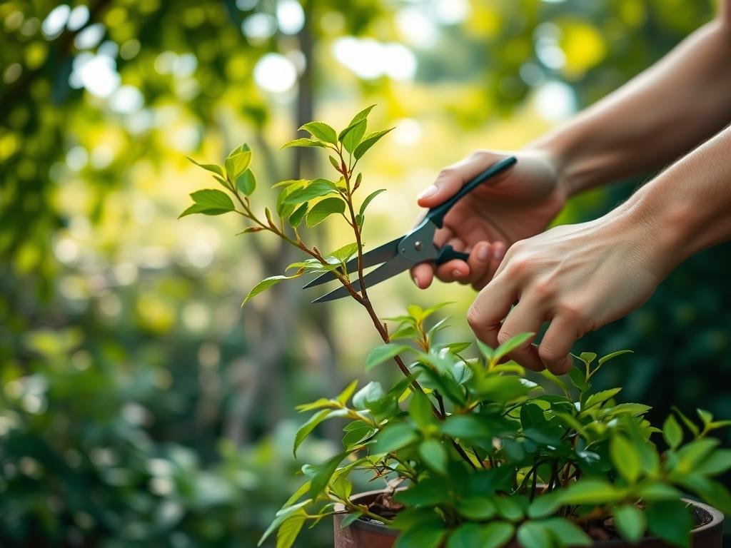A lush garden scene with a person carefully pruning a potted plant, their hands gently guiding the sharp pruning shears. The plant's vibrant green leaves and branches provide a natural foreground, framed by a blurred background of verdant foliage and soft, diffused sunlight filtering through the canopy. The overall composition conveys a sense of tranquility and attention to detail, capturing the skilled technique of plant pruning. The image is captured at a medium angle, providing a close-up view of the pruning process to illustrate the "Como Realizar a Poda de Diferentes Partes da Planta" section. A lush garden scene with a person carefully pruning a potted plant, their hands gently guiding the sharp pruning shears. The plant's vibrant green leaves and branches provide a natural foreground, framed by a blurred background of verdant foliage and soft, diffused sunlight filtering through the canopy. The overall composition conveys a sense of tranquility and attention to detail, capturing the skilled technique of plant pruning. The image is captured at a medium angle, providing a close-up view of the pruning process to illustrate the "Como Realizar a Poda de Diferentes Partes da Planta" section.