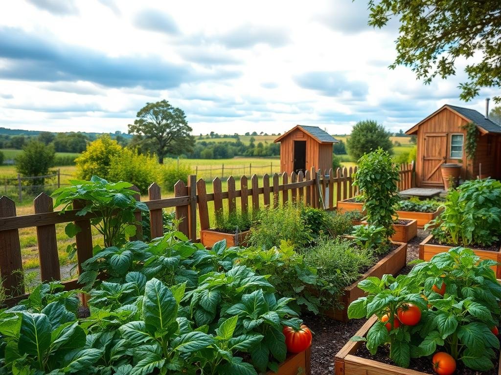A lush, meticulously tended organic vegetable garden in a serene backyard setting. The foreground features a variety of healthy, thriving plants - leafy greens, vibrant tomatoes, and fresh herbs in raised garden beds. The middle ground showcases a rustic wooden fence, complemented by a charming potting shed. In the background, a tranquil landscape unfolds, with a cloudy blue sky and scattered trees. The scene is bathed in warm, natural lighting, creating a sense of harmony and environmental consciousness. The overall atmosphere evokes a peaceful, self-sustaining lifestyle and a commitment to sustainable gardening practices.