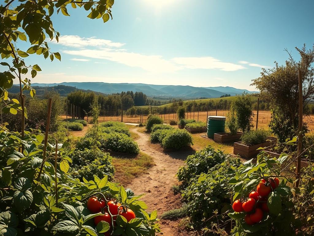 A lush, thriving organic vegetable garden nestled in a sun-dappled clearing. The foreground features a diverse array of flourishing plants - leafy greens, vibrant tomatoes, and fragrant herbs. Winding garden paths lead through the middle ground, where compost bins and natural fencing create a sense of harmony with the environment. In the background, rolling hills and a cloudless blue sky set the stage for this idyllic, sustainable oasis. Warm, golden lighting illuminates the scene, conveying a sense of tranquility and abundance. The overall atmosphere evokes the restorative power of connecting with nature through organic cultivation.