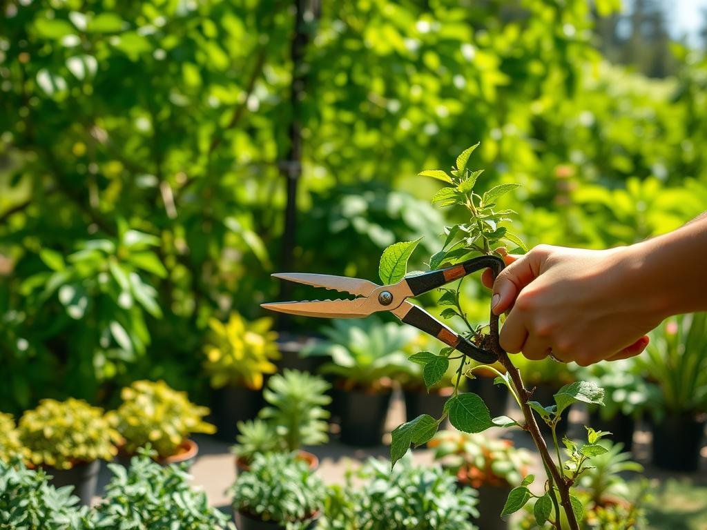 A lush, verdant garden backdrop with sunlight filtering through the leaves. In the foreground, a person carefully pruning a plant with sharp, precise shears, their hands skillfully guiding the cuts. The middle ground features a variety of potted plants, their foliage varied in shape and color, arranged in an organized yet natural display. The scene conveys a sense of tranquility and care, with a focus on the delicate art of plant pruning and the importance of proper technique for healthy growth. A lush, verdant garden backdrop with sunlight filtering through the leaves. In the foreground, a person carefully pruning a plant with sharp, precise shears, their hands skillfully guiding the cuts. The middle ground features a variety of potted plants, their foliage varied in shape and color, arranged in an organized yet natural display. The scene conveys a sense of tranquility and care, with a focus on the delicate art of plant pruning and the importance of proper technique for healthy growth.