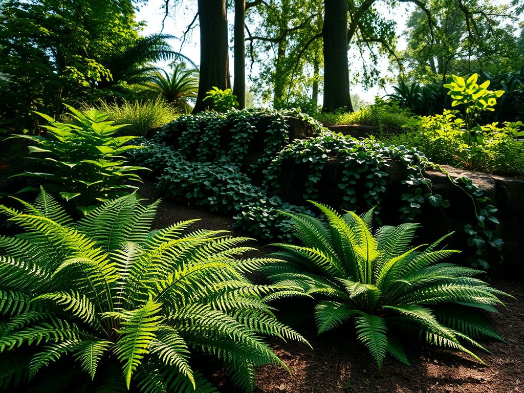 A lush, verdant garden bathed in soft, diffused sunlight, showcasing a vibrant collection of shadow-loving plants. In the foreground, a dense cluster of luxuriant ferns sway gently, their delicate fronds casting intricate patterns on the earthy ground. Behind them, a mix of glossy-leaved shrubs and trailing vines cascade down a rocky outcrop, creating a sense of depth and layered texture. In the middle ground, towering tree trunks reach towards the heavens, their branches filtering the light and casting a gentle, dappled shade over the scene. The overall mood is one of tranquility and serenity, inviting the viewer to immerse themselves in the calming atmosphere of this shaded oasis.