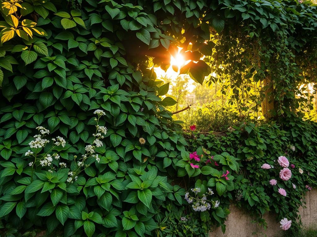 A lush, verdant garden cascading down a vertical surface, with layers of vibrant foliage, delicate flowers, and a serene, natural atmosphere. The scene is bathed in warm, golden sunlight filtering through a canopy of leaves, casting soft shadows and highlights that accentuate the textures and depth of the composition. The garden appears to be thriving, with a diverse array of plant species carefully arranged in a harmonious, visually appealing layout. The overall impression is one of tranquility, beauty, and a seamless integration of nature and architecture. O Que é um Jardim Vertical e Sua Origem
