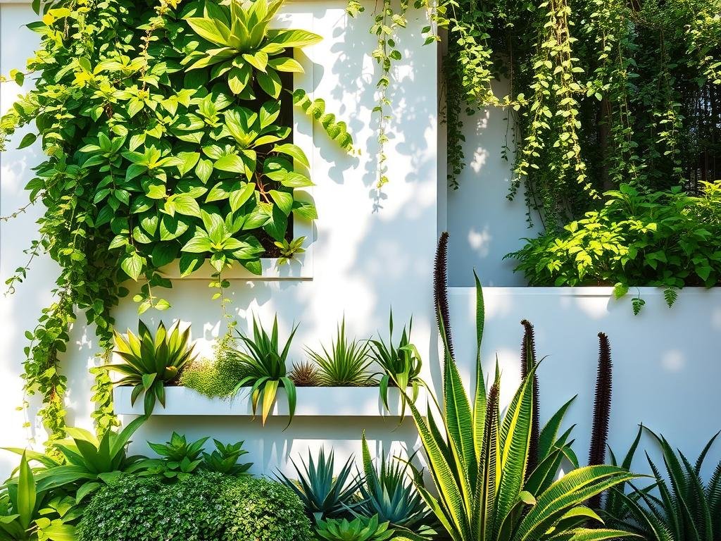 A lush, verdant vertical garden adorns the exterior of a modern, minimalist home. The layered foliage cascades down the facade, creating a stunning display of natural beauty. Sunlight filters through the vibrant plants, casting warm, dappled shadows that dance across the clean, white walls. In the foreground, a variety of leafy, trailing vines and compact, sculptural succulents thrive in carefully curated planters. The middle ground features tall, upright plants that add depth and texture, while the background showcases a harmonious blend of greenery, complementing the architectural lines of the building. The overall scene exudes a sense of tranquility, inviting the viewer to experience the restorative power of bringing nature into the urban environment. Benefícios de Ter um Jardim Vertical em Casa