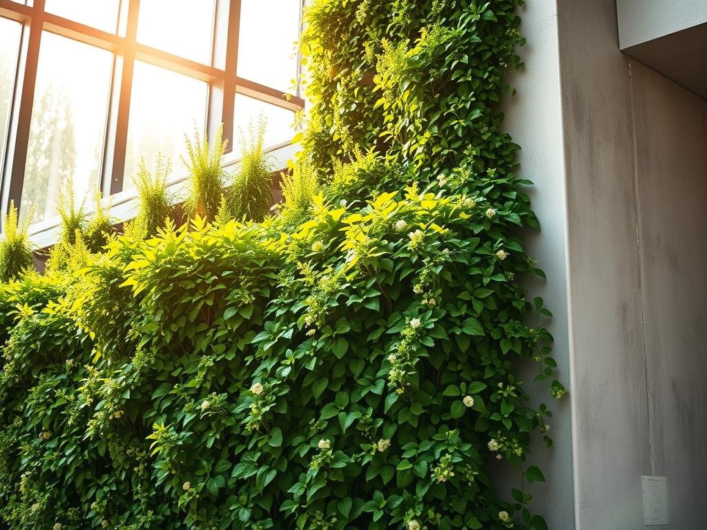 A lush, vertical garden cascading down a modern, minimalist concrete wall. Vibrant green foliage in varying shades, with delicate flowers blooming amidst the greenery. The garden is bathed in warm, natural light filtering through large windows, casting soft shadows and highlighting the textural details of the plants. The composition is balanced, with the vertical elements leading the eye upwards, creating a sense of depth and visual interest. The overall atmosphere is serene, calming, and in harmony with the surrounding architectural elements. Jardim Vertical: Passo a Passo e Ideias