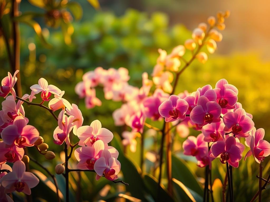 A lush, vibrant orchid garden bathed in warm, golden lighting. In the foreground, an array of delicate phalaenopsis orchids in shades of pink, white, and purple, their petals gently illuminated from above. The middle ground features a cluster of dendrobium orchids, their stems reaching upwards towards the light. In the background, a soft, blurred landscape with verdant foliage provides a serene backdrop. The lighting is soft and diffused, casting a romantic, ethereal glow over the scene. The composition is balanced, with the orchids positioned to draw the viewer's eye towards the center of the frame. The overall mood is one of tranquility, beauty, and the delicate, ephemeral nature of these stunning blooms. Orquídeas: Guia Completo de Cuidados Essenciais