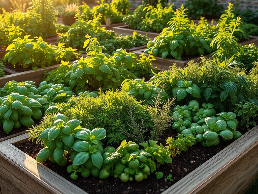 A lush, well-tended herb garden in the morning sunlight. A variety of thriving, aromatic herbs - lush green basil, fragrant rosemary, vibrant parsley, and others - arranged in neat, organized raised beds. The garden is framed by a sturdy, wooden border, and the soil is rich and dark. Warm, diffused light filters through wispy clouds, casting a soft, natural glow over the scene. The overall mood is one of tranquility, productivity, and culinary inspiration. A lush, well-tended herb garden in the morning sunlight. A variety of thriving, aromatic herbs - lush green basil, fragrant rosemary, vibrant parsley, and others - arranged in neat, organized raised beds. The garden is framed by a sturdy, wooden border, and the soil is rich and dark. Warm, diffused light filters through wispy clouds, casting a soft, natural glow over the scene. The overall mood is one of tranquility, productivity, and culinary inspiration.