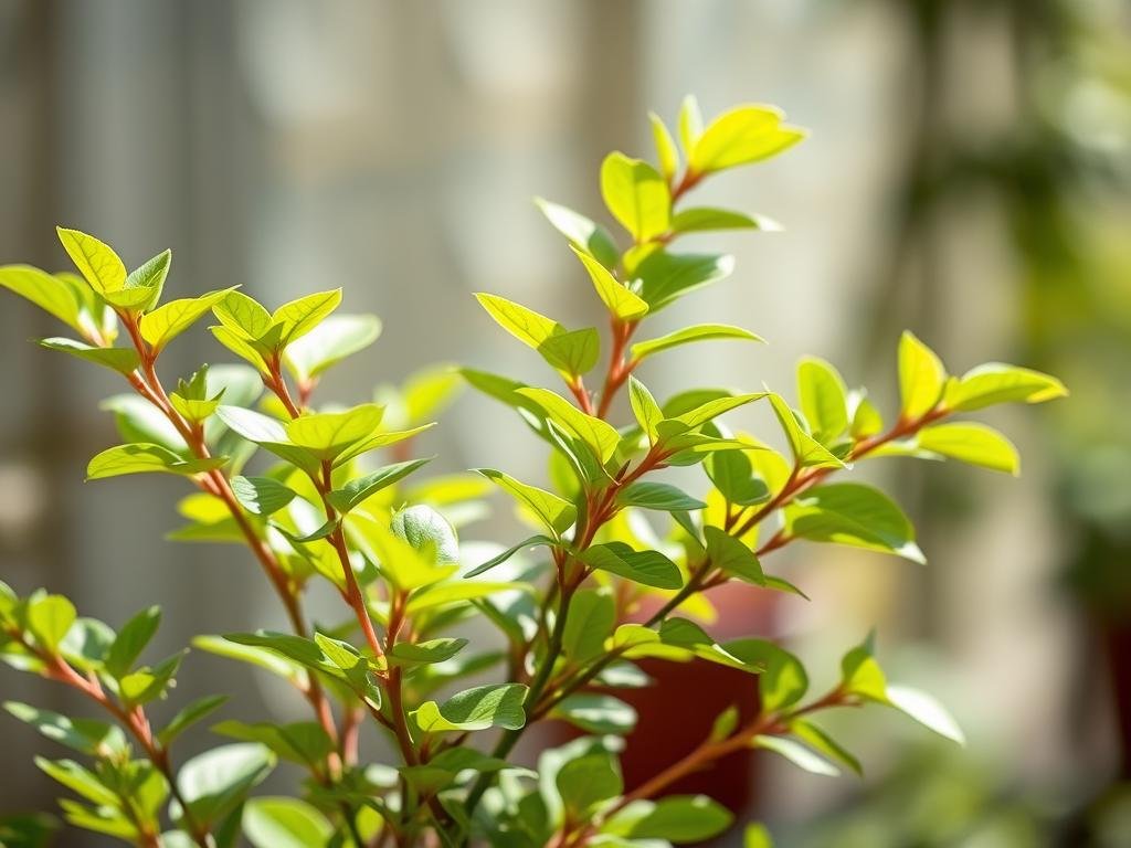 A lush, well-tended plant in the foreground, its vibrant green leaves gently swaying in natural lighting. The scene is set against a softly blurred backdrop, suggesting a serene, peaceful garden environment. The plant's form is balanced and harmonious, with healthy stems and an overall thriving appearance, conveying the ideal time to prune and shape the plant for continued growth. The lighting is diffused and gentle, accentuating the plant's intricate textures and highlighting its organic beauty. The overall composition and mood inspire a sense of tranquility and horticultural expertise, perfectly complementing the article's subject of optimal pruning techniques for healthy plant development. Poda de Plantas