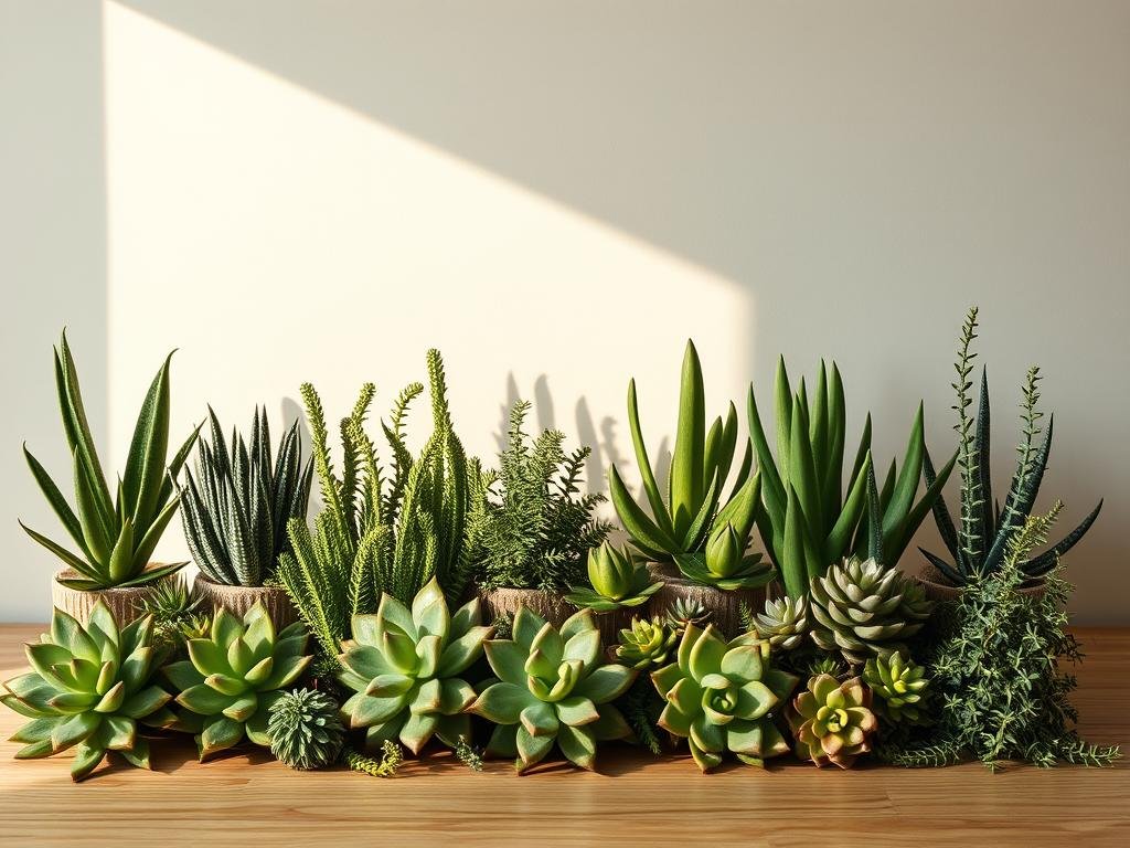 A neatly arranged display of lush, verdant succulents in various shapes and sizes, illuminated by warm, diffused lighting that casts gentle shadows, creating a serene and natural atmosphere. The plants are positioned on a clean, minimalist wooden surface, allowing their intricate textures and vibrant colors to take center stage. The composition is balanced, with a mix of tall, upright specimens and low-growing, cascading varieties, each one showcasing the unique characteristics of these resilient, water-wise plants. The overall scene evokes a sense of tranquility and harmony, reflecting the careful attention and care required for the proper watering of these captivating, drought-tolerant succulents.
