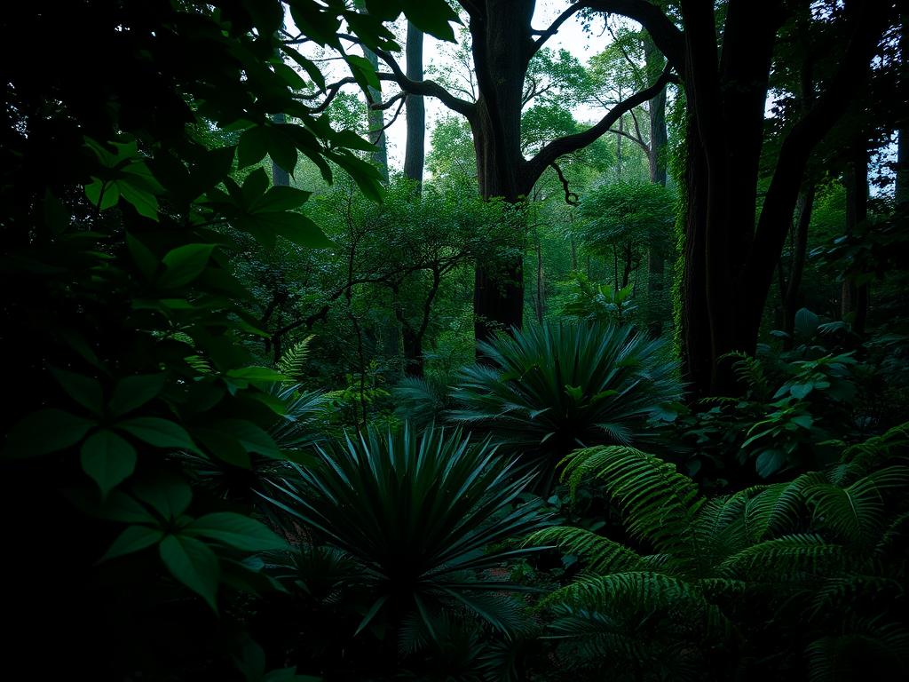 A serene, dimly lit forest scene with a variety of lush, verdant foliage casting soft, diffused shadows. In the foreground, a dense canopy of large, broad-leafed plants with varying shades of green, creating a natural, sheltered atmosphere. In the middle ground, a mix of smaller shrubs and ferns, their delicate fronds gently swaying in a light breeze. The background is dominated by tall, majestic trees with thick trunks and intertwining branches, filtering the sunlight and casting a gentle, calming ambiance over the entire scene. The overall mood is one of tranquility, with a focus on the diverse, thriving plant life that thrives in shaded environments.