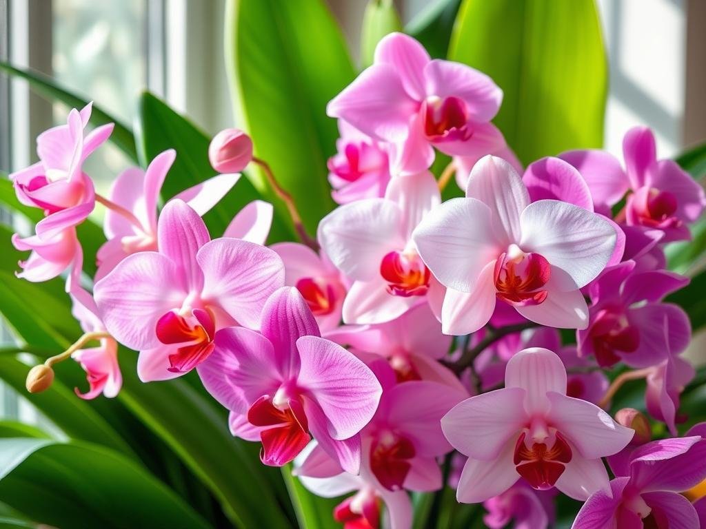 A vibrant bouquet of lush, tropical orchids in various hues of pink, purple, and white, artfully arranged against a backdrop of verdant foliage. The delicate petals are softly illuminated by natural light filtering through a window, casting gentle shadows and highlights that accentuate their intricate forms. The composition is balanced, with the flowers taking center stage, inviting the viewer to appreciate the beauty and grace of these captivating blooms. The atmosphere is serene and tranquil, evoking a sense of the care and attention required to maintain these delicate, living works of art. Poda e Manutenção