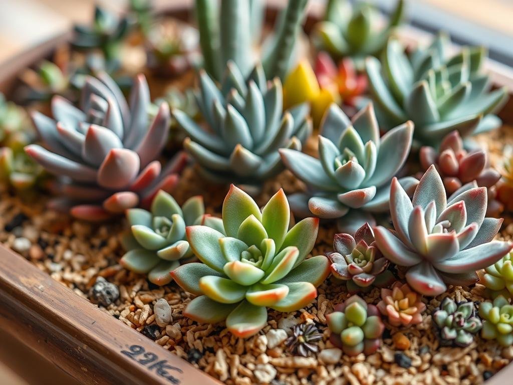 A well-lit, close-up photograph of a succulent planter filled with a selection of healthy, diverse succulent plants in various shapes and sizes, potted in a rich, organic substrate. The substrate should be a mix of coarse sand, perlite, and a small amount of compost, giving it an earthy, airy texture. The succulents should be arranged in an aesthetically pleasing, natural-looking composition, showcasing their unique forms and vibrant colors. The lighting should be soft and natural, highlighting the subtle details of the plants and substrate. The depth of field should be shallow, keeping the foreground plants in sharp focus while gently blurring the background, creating a sense of depth and drawing the viewer's attention to the main subject.
