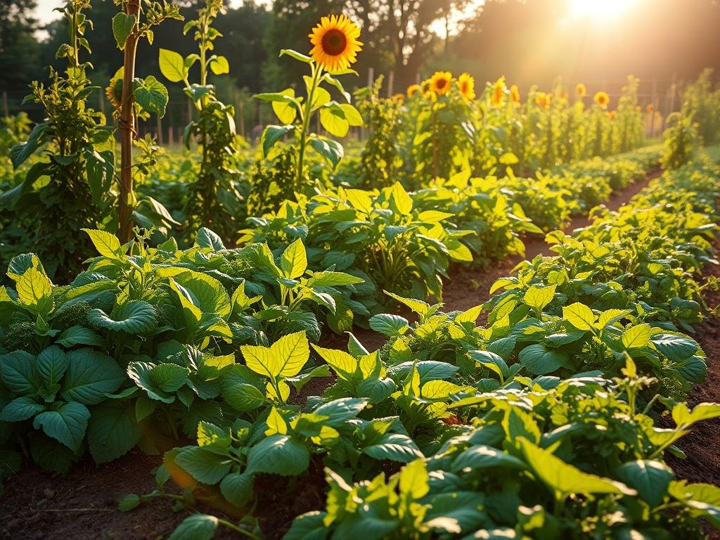An idyllic organic garden, sunlight filtering through lush foliage. In the foreground, a vibrant assortment of herbs and leafy greens - kale, chard, basil, and more - thriving in rich, loamy soil. The middle ground features larger plants like tomatoes, peppers, and squash, their vines and leaves intertwining in a symphony of green. In the background, a row of towering sunflowers nods gently, their golden heads following the sun's path. The scene is bathed in a warm, golden light, creating a sense of tranquility and abundance. The overall mood is one of natural harmony, showcasing the beauty and bounty of an organic, sustainable garden.