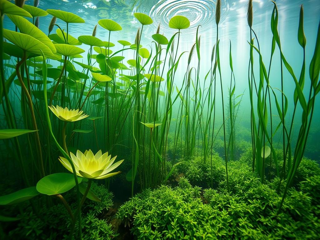 An idyllic underwater scene displaying a variety of thriving aquatic plants. In the foreground, lush green water lilies with delicate petals float atop a tranquil pond. Swaying stems of submerged plants create a sense of gentle movement, while vibrant green aquatic mosses carpet the pond floor. In the middle ground, elegant long-stemmed plants with broad leaves reach towards the surface, creating a layered, natural composition. The background is filled with a hazy, dreamlike quality, with shafts of soft, diffused light filtering through the waters. The overall mood is one of serenity and natural harmony, showcasing the beauty and diversity of a well-cultivated aquatic garden.