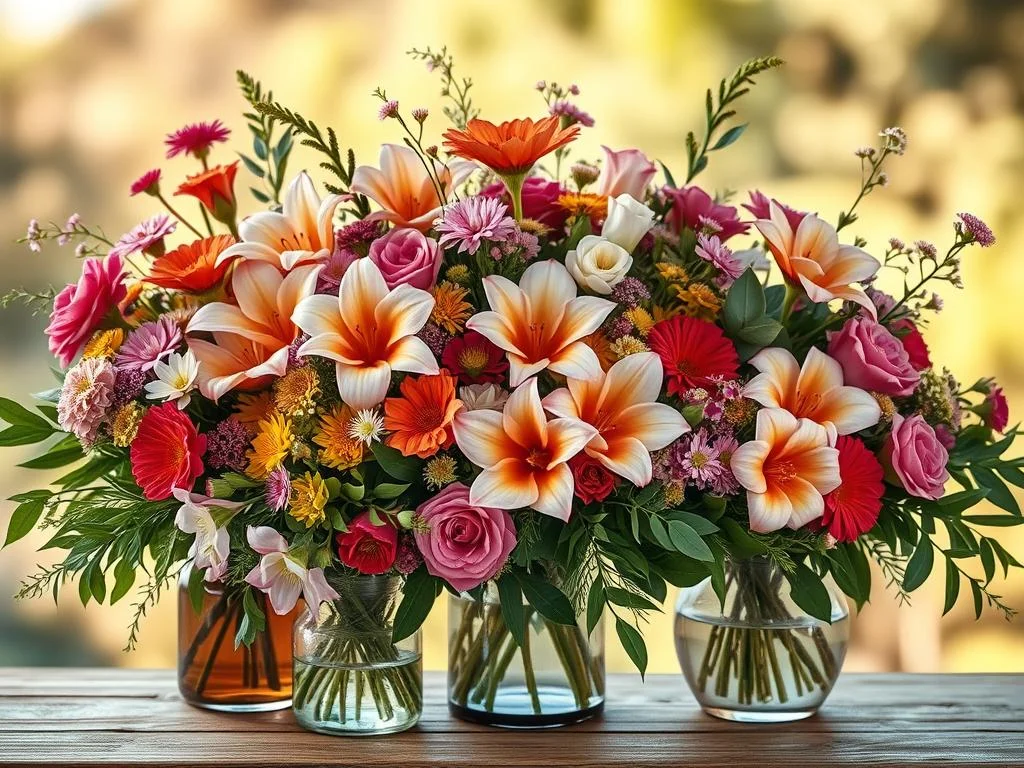 Elegant floral arrangements, bursting with vibrant blooms and lush foliage, set against a softly blurred, natural background. Expertly composed with a balance of colors, textures, and shapes, the flowers appear to be casually yet artfully arranged in a variety of vases and containers. Warm, directional lighting highlights the delicate petals and casts gentle shadows, creating a sense of depth and dimension. The overall mood is one of effortless beauty and tranquility, inviting the viewer to appreciate the simple elegance of nature's finest creations.