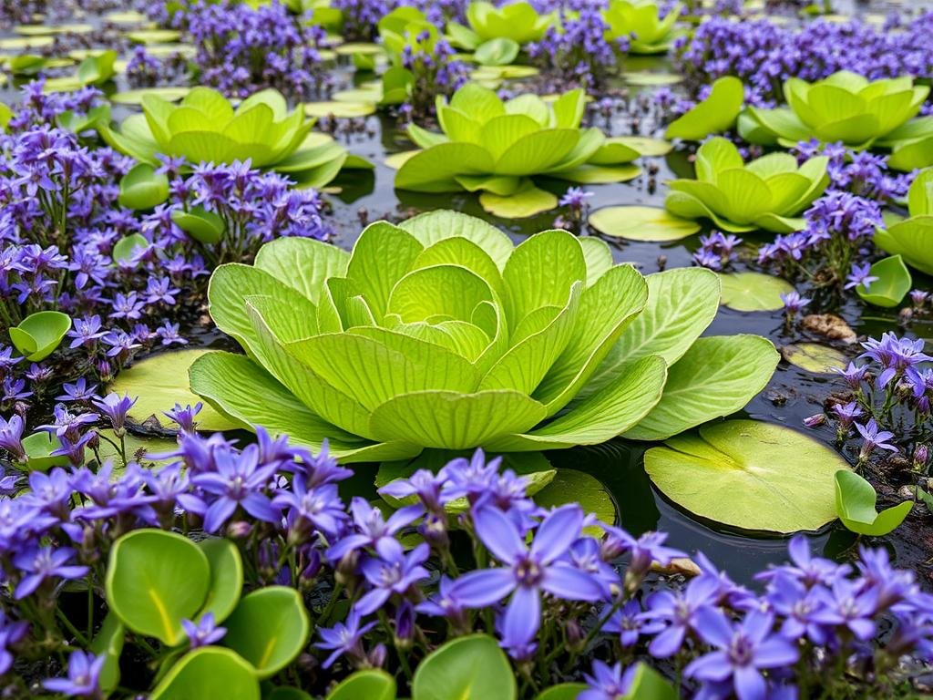 Imagem de aguapé em um lago com flores roxas-azuladas