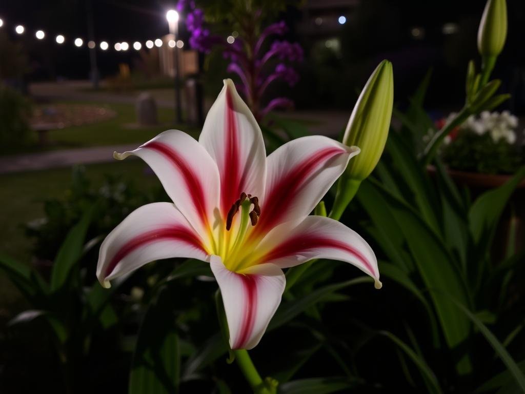 Imagem de um Lírio Casablanca florescendo em um jardim noturno