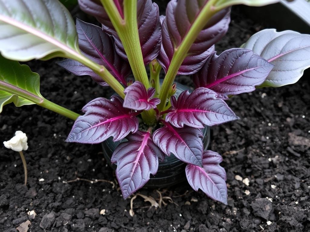 Imagem de um inhame preto com folhas arroxeadas, cultivado em um vaso com solo escuro.