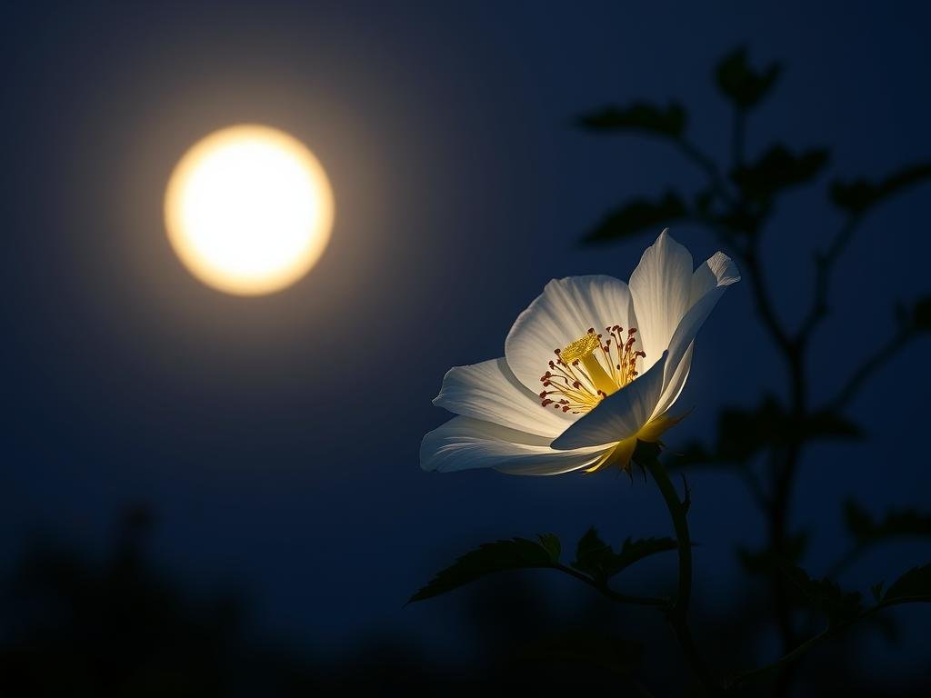 Imagem de uma Flor-da-Lua em flor sob a luz da lua