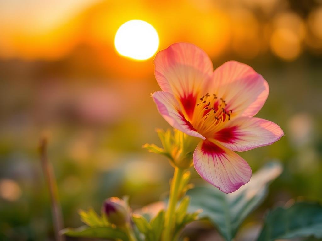 Imagem de uma Prímula em flor ao pôr do sol