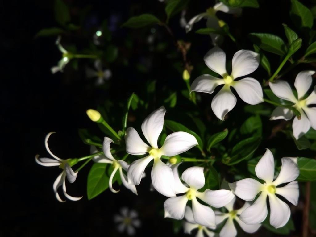 Imagem de uma dama-da-noite em flor, com suas flores brancas e perfumadas à noite.