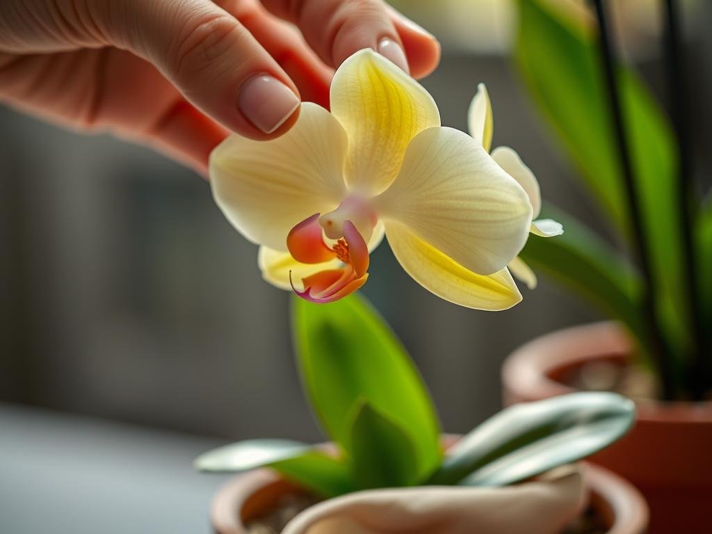 Imagem de uma orquídea debilitada sendo cuidada Imagem de uma orquídea debilitada sendo cuidada