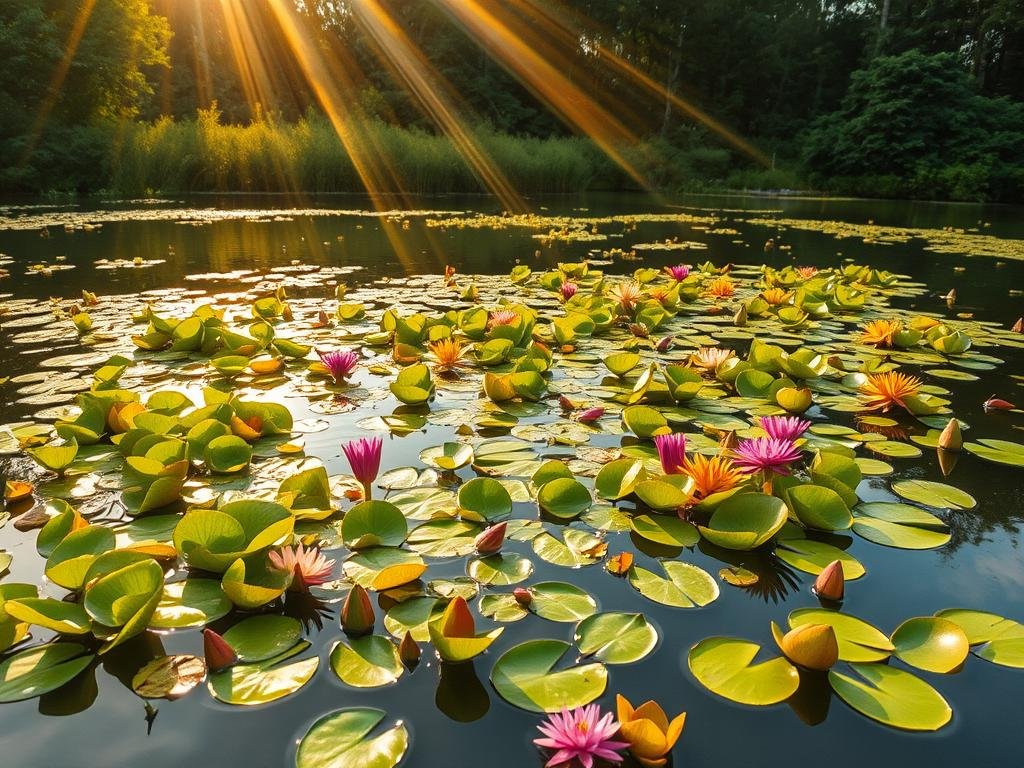 Lush, thriving aquatic plants floating in a serene, tranquil pond. A diverse array of vibrant green leaves, delicate lily pads, and vibrant flowers drifting atop the still, reflective surface. Shafts of warm, golden sunlight filter through the water, creating a soft, ethereal glow. In the background, a dense, verdant landscape of trees and foliage provides a natural, peaceful backdrop. The overall scene conveys a sense of tranquility, harmony, and the beauty of nature's aquatic wonders.