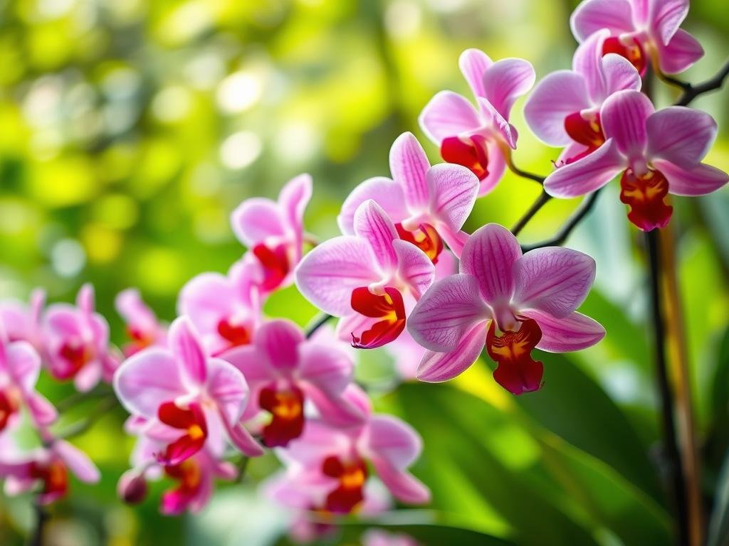 Orchids in full bloom, delicate petals cascading in a symphony of vibrant hues. A lush, verdant backdrop provides a serene setting, with diffused natural light casting a warm, ethereal glow. Capture the mesmerizing dance of these exotic flowers, their intricate forms and vibrant colors filling the frame. Showcasing the captivating essence of orchids, this image transports the viewer into the heart of their enchanting world, inviting a deeper appreciation for their natural beauty and elegance. O Fascinante Mundo das Orquídeas