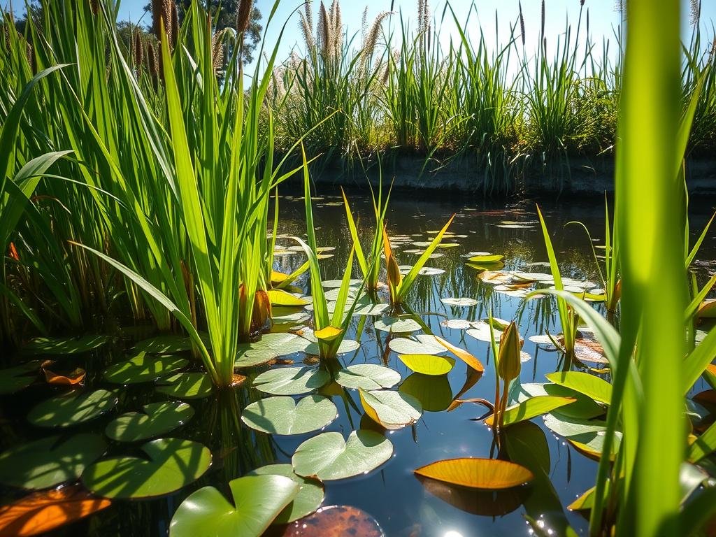 Vibrant aquatic plants swaying gracefully in a serene pond, sunlight filtering through the crystalline water. A lush foreground with delicate submerged leaves and floating lily pads, complemented by a middle ground of tall, flourishing cattails and reeds. In the background, a tranquil shoreline adorned with verdant vegetation, creating a captivating natural tableau. The scene is bathed in a soft, warm glow, captured through a wide-angle lens to convey the expansive beauty of this aquatic oasis. An atmosphere of tranquility and wonder, perfectly encapsulating the fascinating world of aquatic plants.