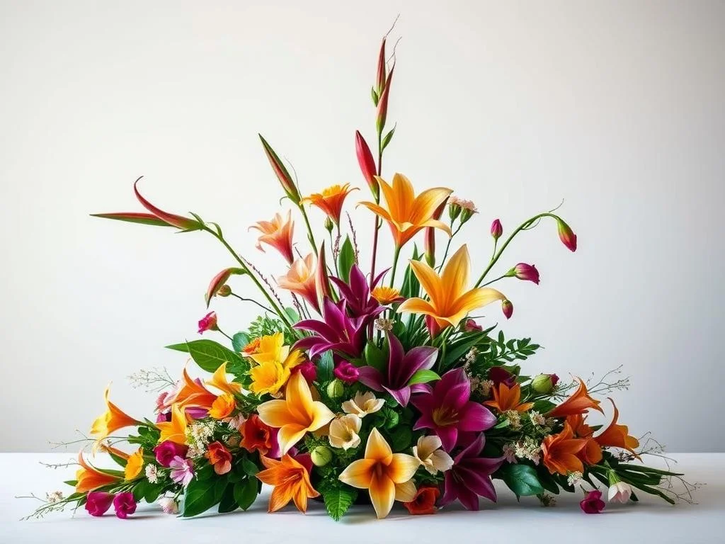 Vibrant contemporary floral arrangements, featuring a harmonious blend of exotic blooms and lush greenery. A striking centerpiece showcases an asymmetric composition, with bold colors and intriguing textures. Delicate flowers cascade down the sides, creating a sense of movement and fluidity. Soft, diffused lighting illuminates the arrangement, casting subtle shadows and highlights. The overall aesthetic is modern, sophisticated, and visually captivating, evoking a sense of artistry and innovation. Captured in a clean, minimalist setting that allows the flowers to take center stage.