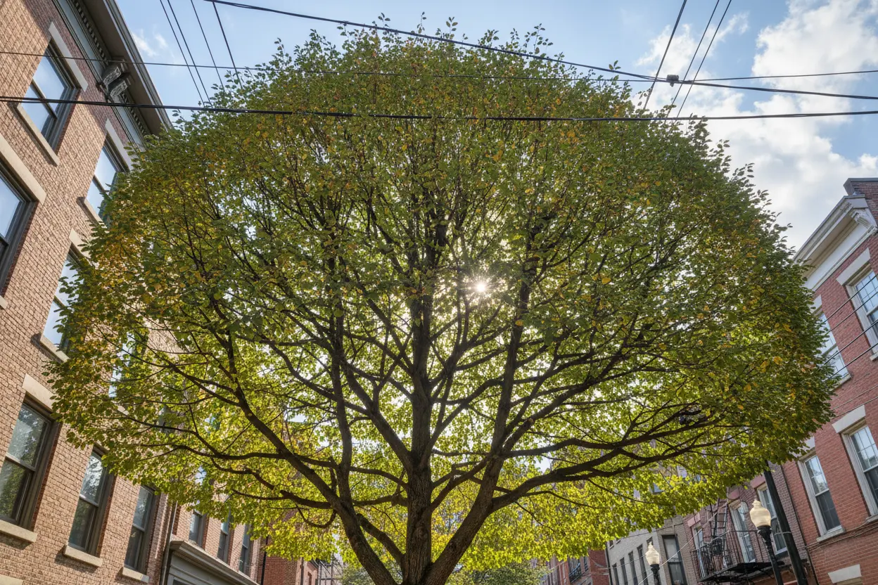 Árvore podada para segurança em calçada urbana.