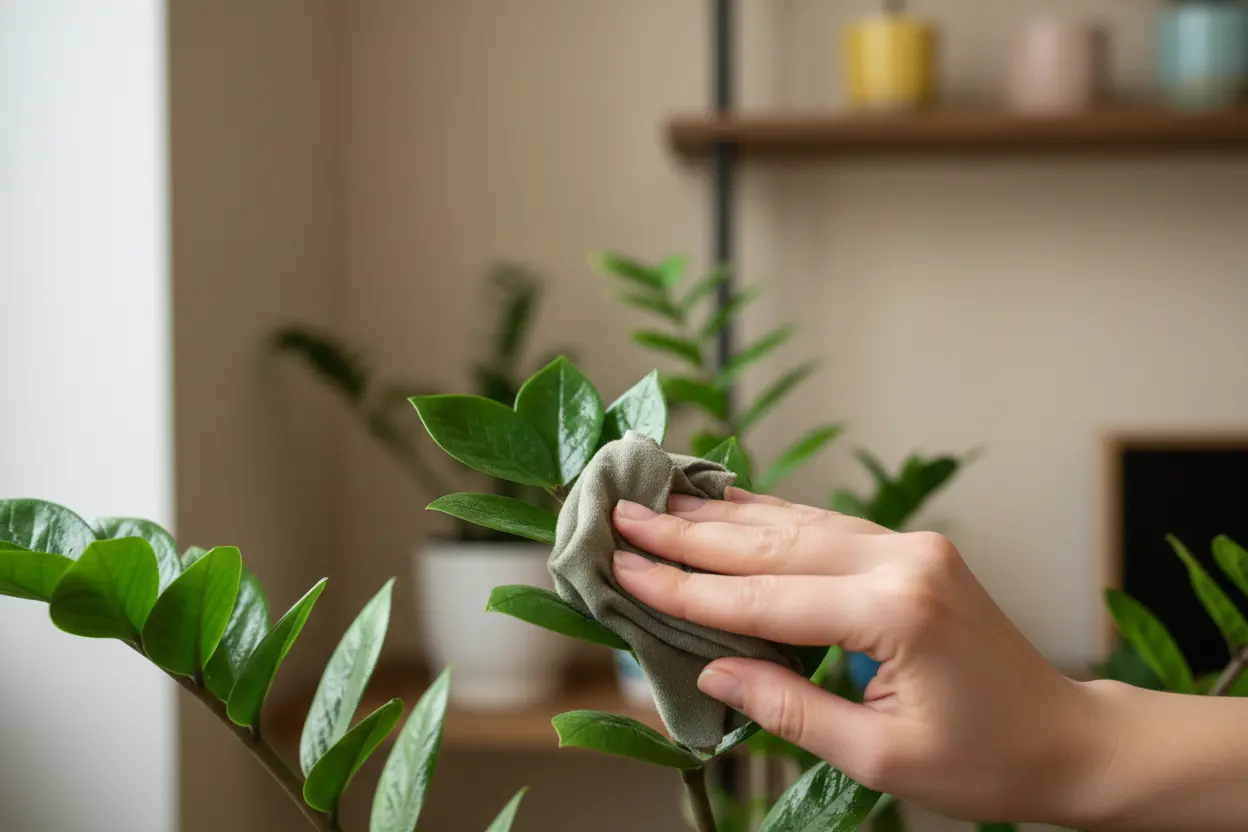 Cuidados com Plantas de Sombra Mão limpando folha de Zamioculcas em apartamento