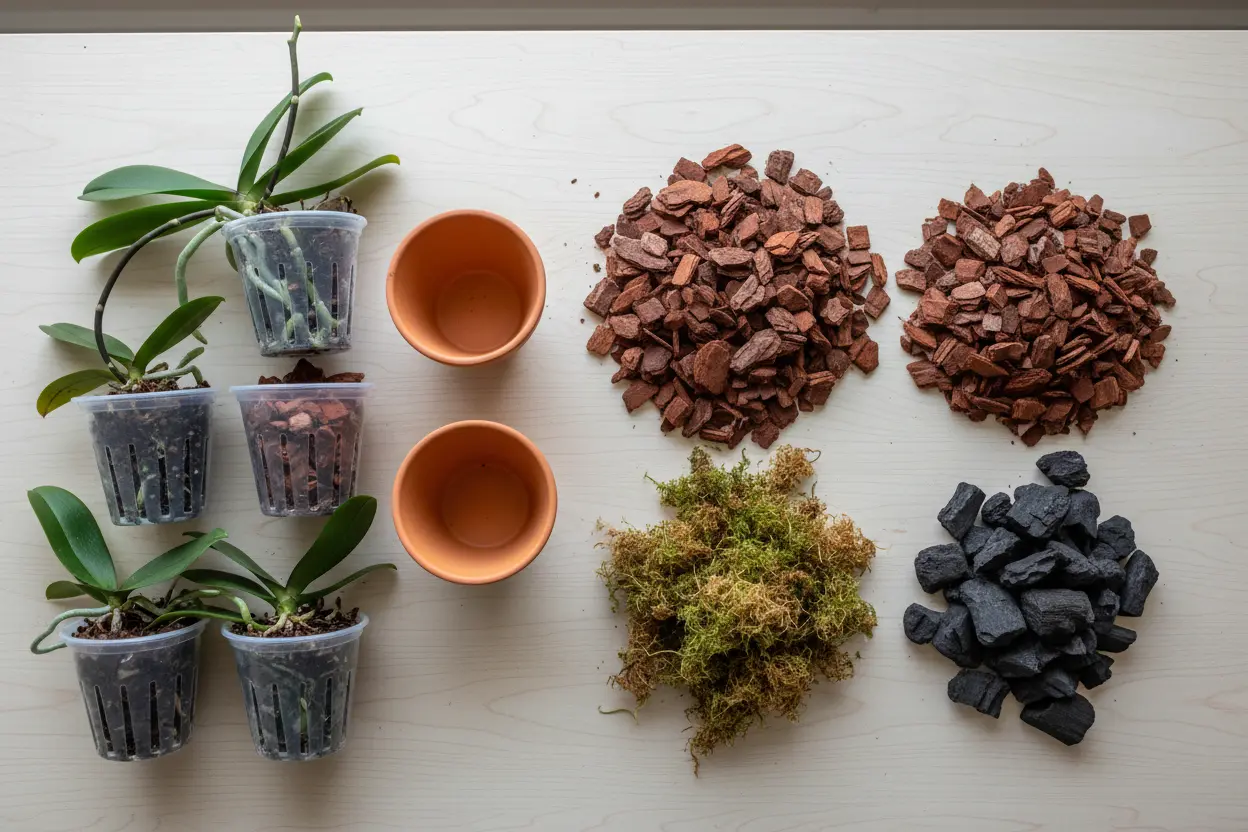 Vários vasos e tipos de substrato para orquídeas, prontos para o plantio.
