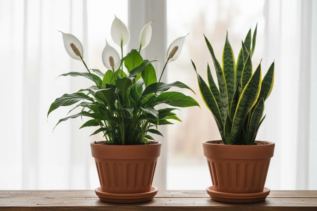 Lírio da Paz e Espada de São Jorge Lírio da Paz e Espada de São Jorge em vasos, plantas purificadoras