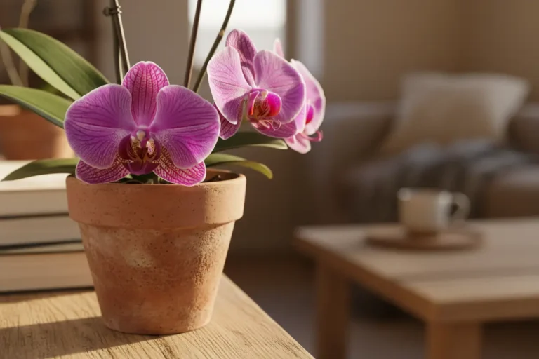 Orquídea roxa vibrante em vaso de terracota, iluminada por luz natural.