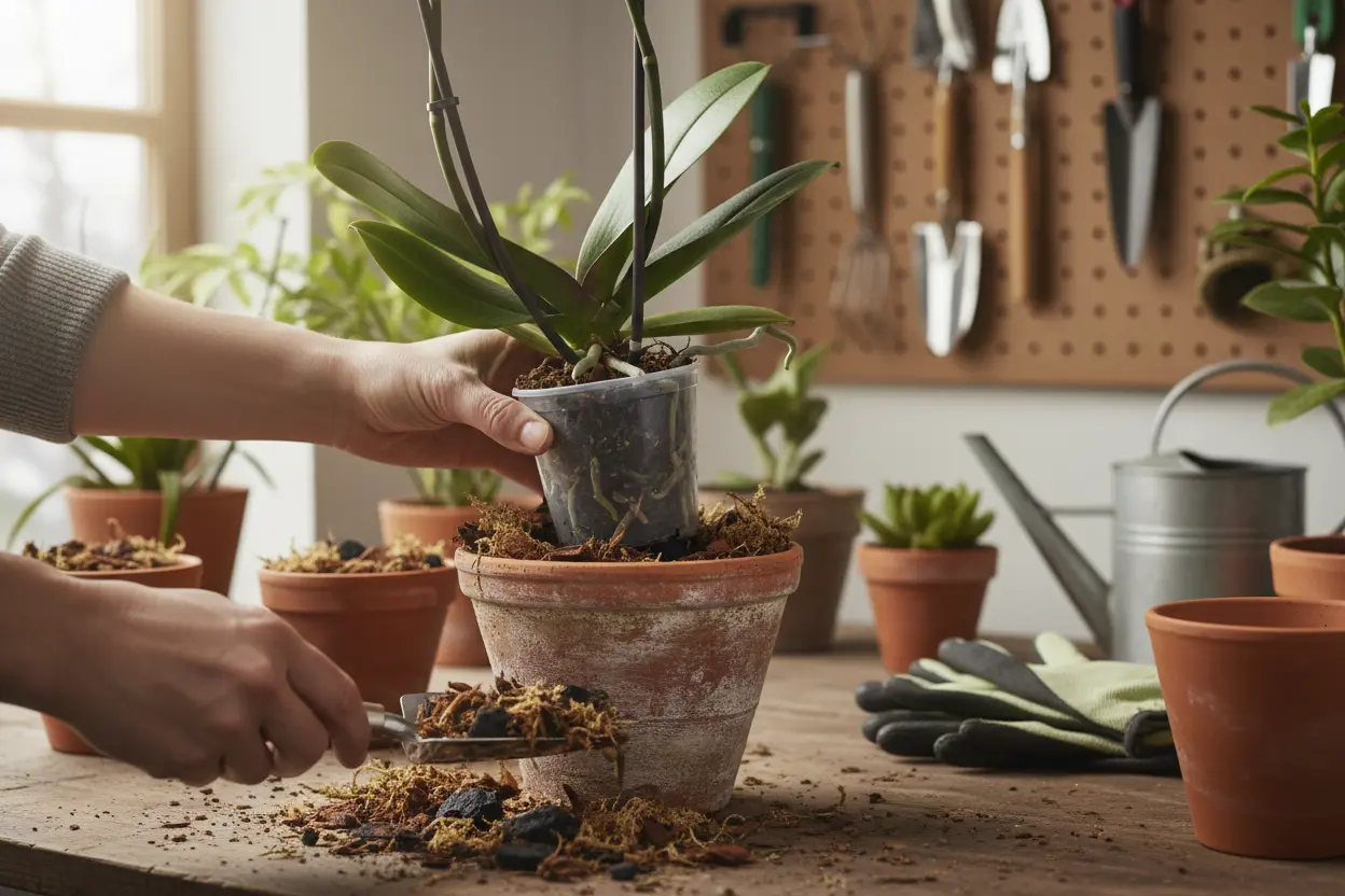Plantando Orquídeas Corretamente Mãos replantando orquídea em vaso com substrato de casca de pinus e musgo.