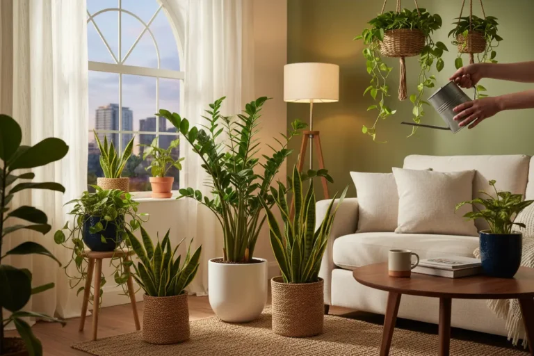 Sala de estar com plantas de pouca luz
