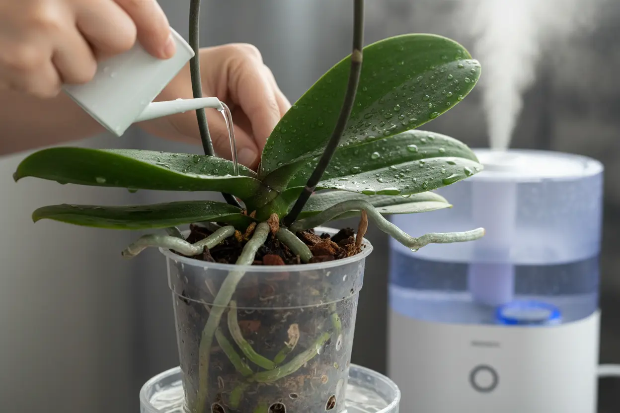 Como cuidar de orquídeas em vaso com a rega e umidade corretas.