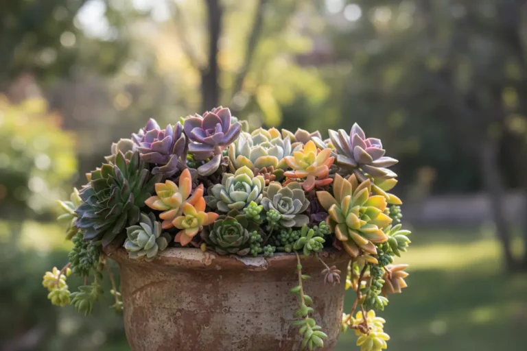 Variedade de suculentas coloridas em vaso de cerâmica