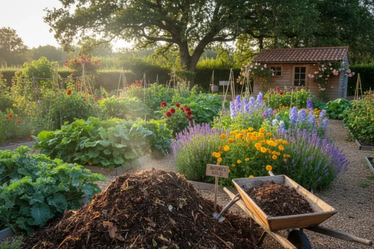 Jardim vibrante com adubo orgânico caseiro.