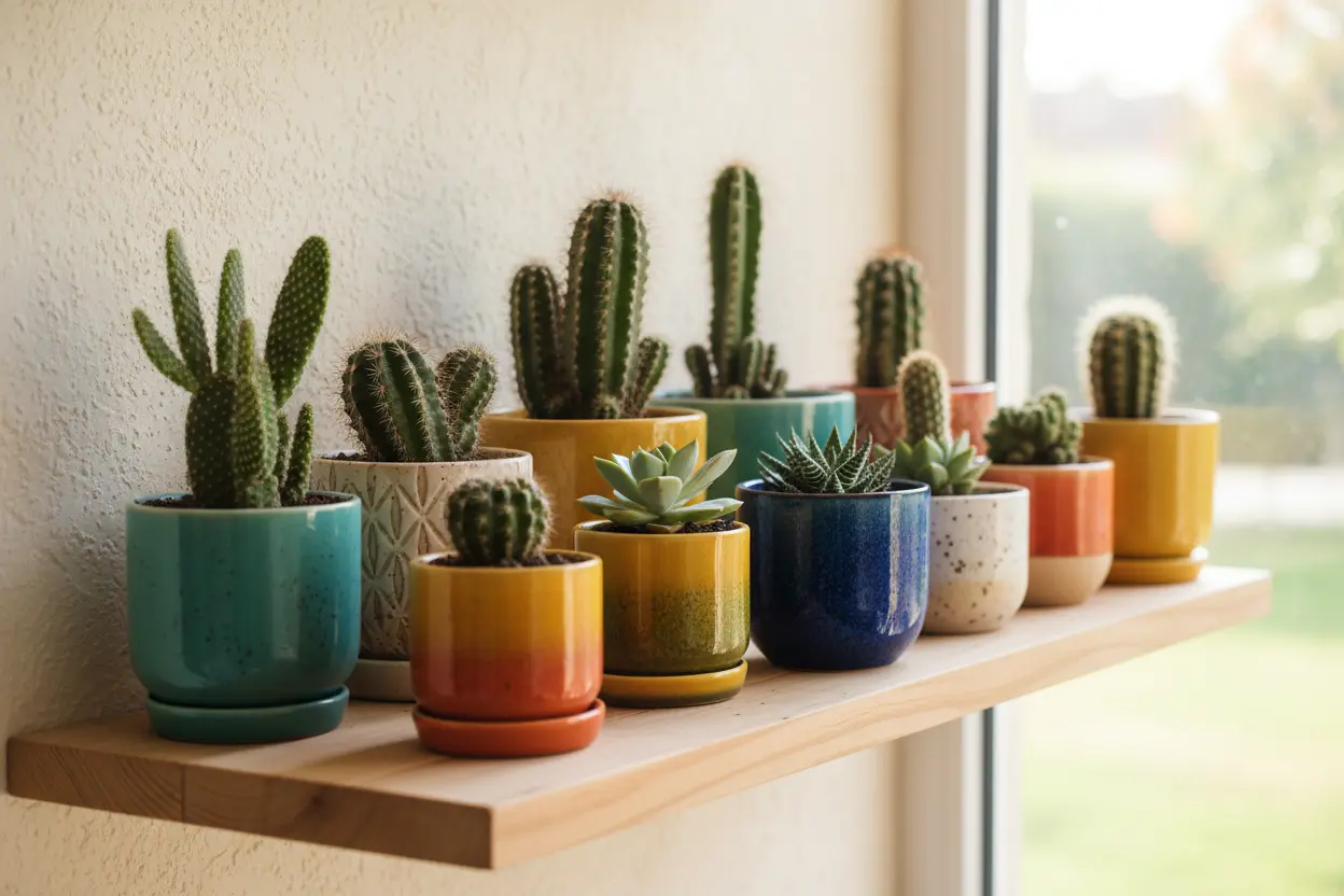 Cactos em vasos, perfeitos para quem está começando a cultivar plantas.