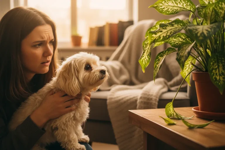 Pessoa com cachorro perto de planta perigosa