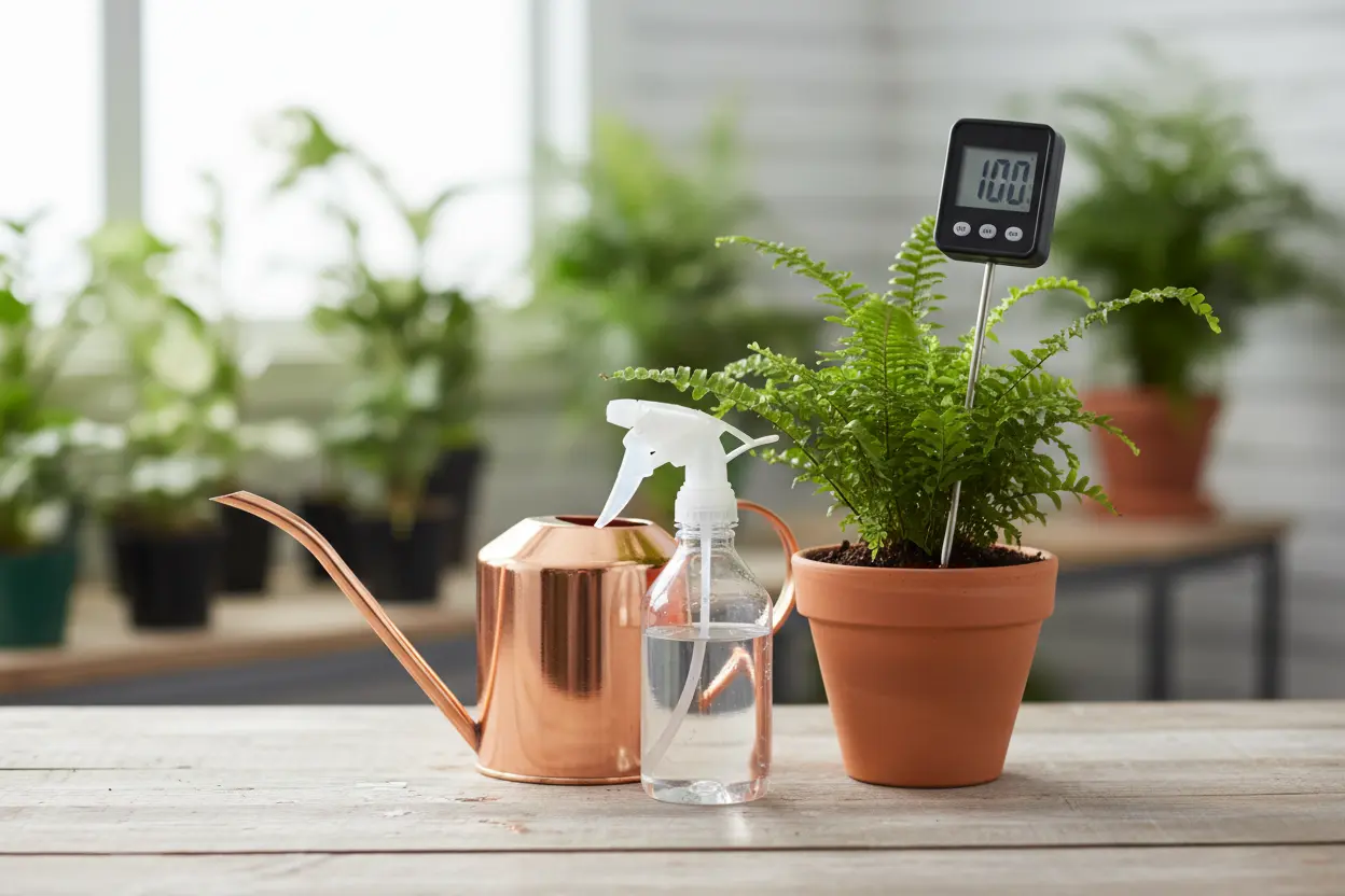 Medidor de umidade do solo e regador para plantas.